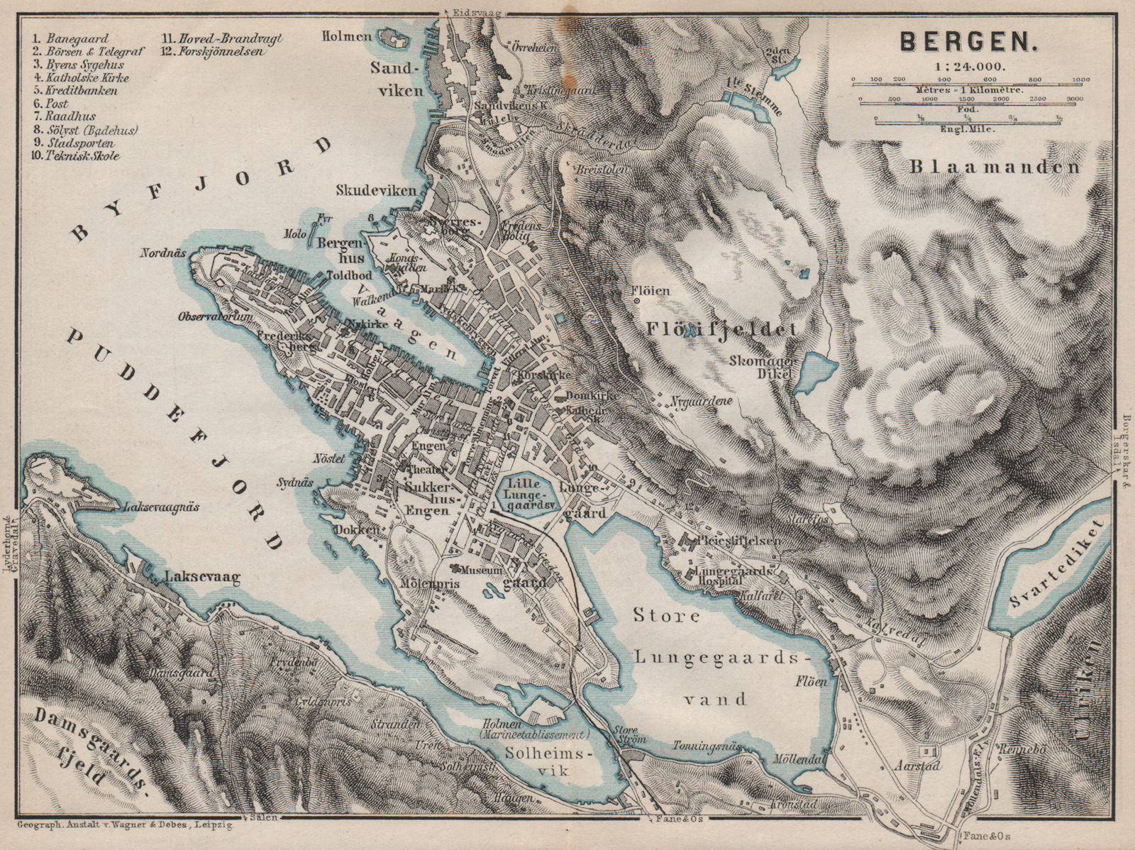 BERGEN antique town city byplan & environs. Norway kart. BAEDEKER 1885 old map